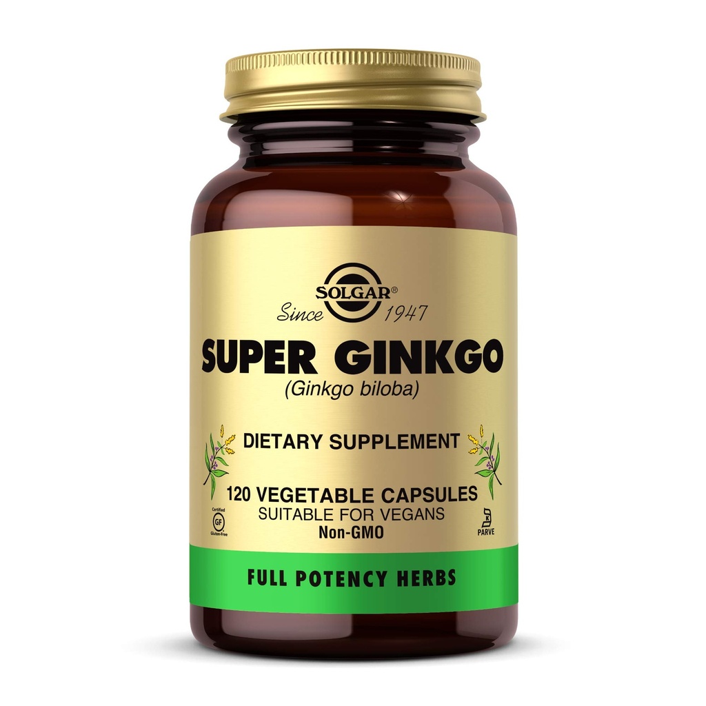 Solgar Super Ginkgo, 120 קפסולות ירקות - Full Potency (FP) - תמיכה במערכת אנטי-חמצן ו- Nervous - Brain Health - Non-GMO, Vegan, Gluten Free, Milk Free, כשר - 120 משרתים