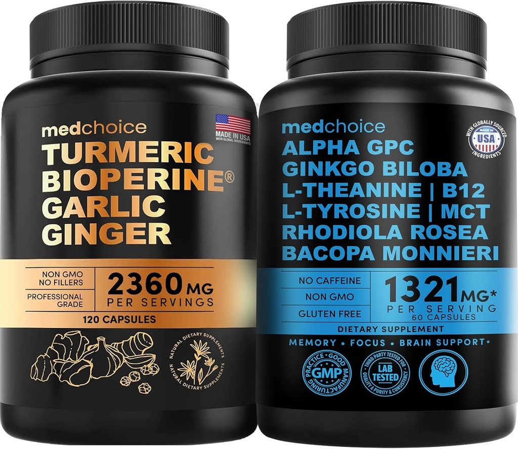 MEDCHOICE Turmeric & ג'ינג'ר (120ct) ו- Nootropic Brain (60ct) תוסף Bundle - Wellness Duo for Joint, Digest, Brain, & Mood Support - טבעוני, Non-GMO, Gluten-FreeFree