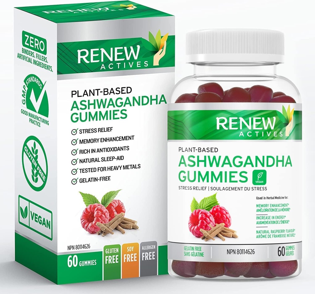 Renew Actives Ashwagandha 100MG לכל 4 חניכיים - זיכרון, פוקוס ואנרגיה Boost - בשימוש מסורתי כמו טונין התחדשות - טבעוני, צמחי הסתגלות - מיוצר בקנדה - 60 מסטיק