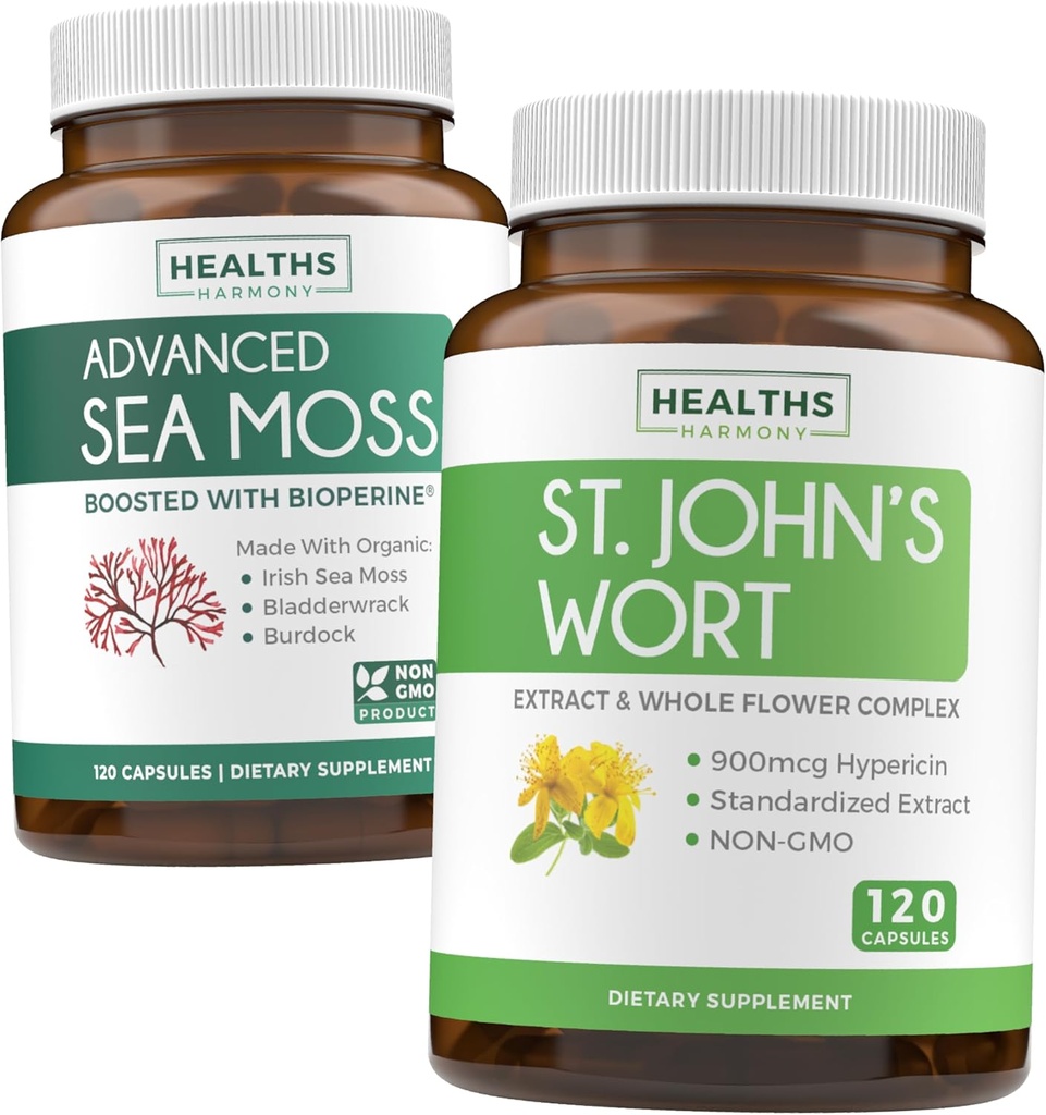 Sea Mossss & St. John's Wort (2-Month Supply Supply) Mood Moss בלנדר - אורגני הים Mosss - Raw Vegan Supplement (120 Caps) & St John's Wort with Powerful 900mcg Hypericin Vegan non-GMO (120 קפסולות)