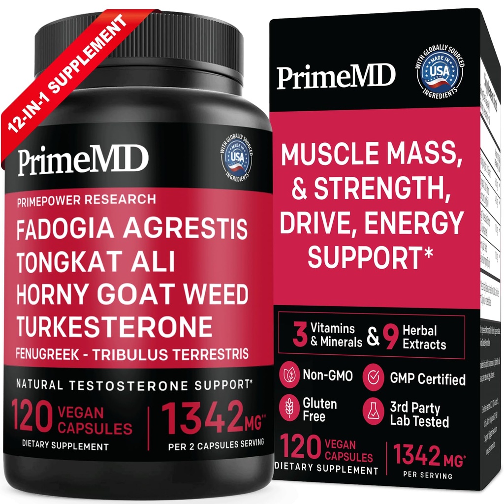 PrimeMD 12-in-1 Fadogia Agrestis ו Tongkat Ali - תוסף טסטוסטרון עבור גברים עם טורקסטרון - HoryGoat Weed עבור גברים עבור סך הכל, להיות עם 1342 מ"ג פרי (120 קפסולות) (Pack of 1)