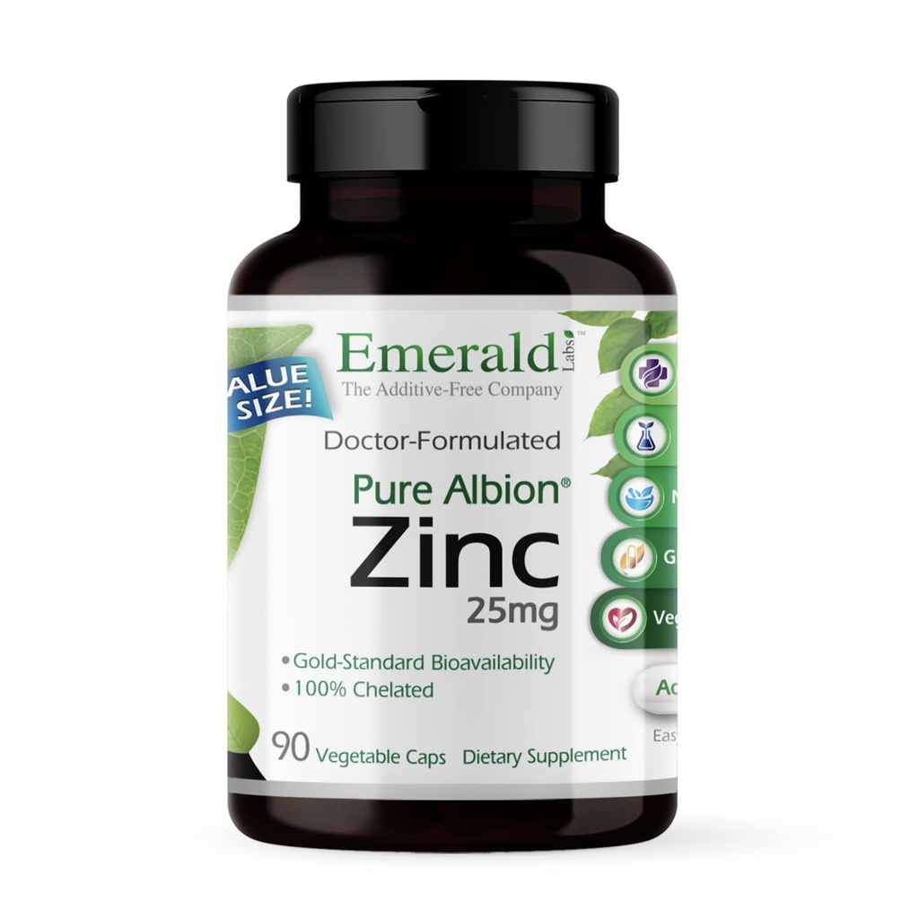 Emerald Labs Zinc 25mg - Immune Support, Digestive Health, Oxidative Stress Support - Made with Zinc Bisglycinate - טבעוני וגלוטן חינם - 90 קפסולות ירקות