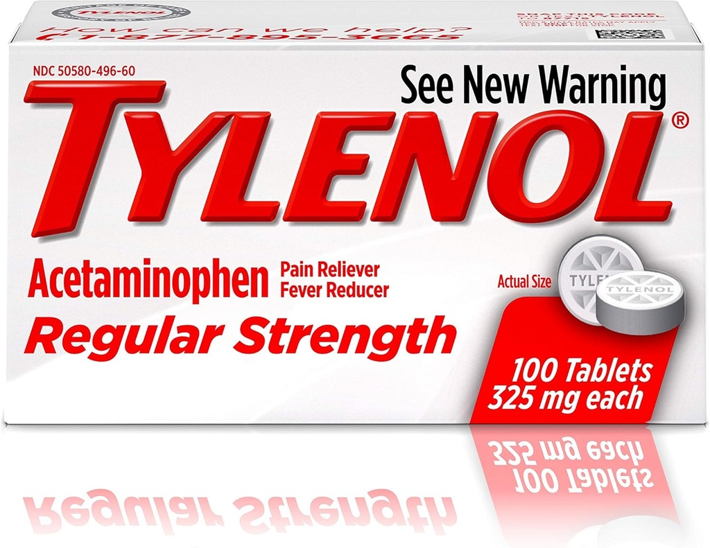 Tilenol Reg Strngth 100's Size 100ct Tylenol 325 מ"ג כוח קבוע כאב Reliever