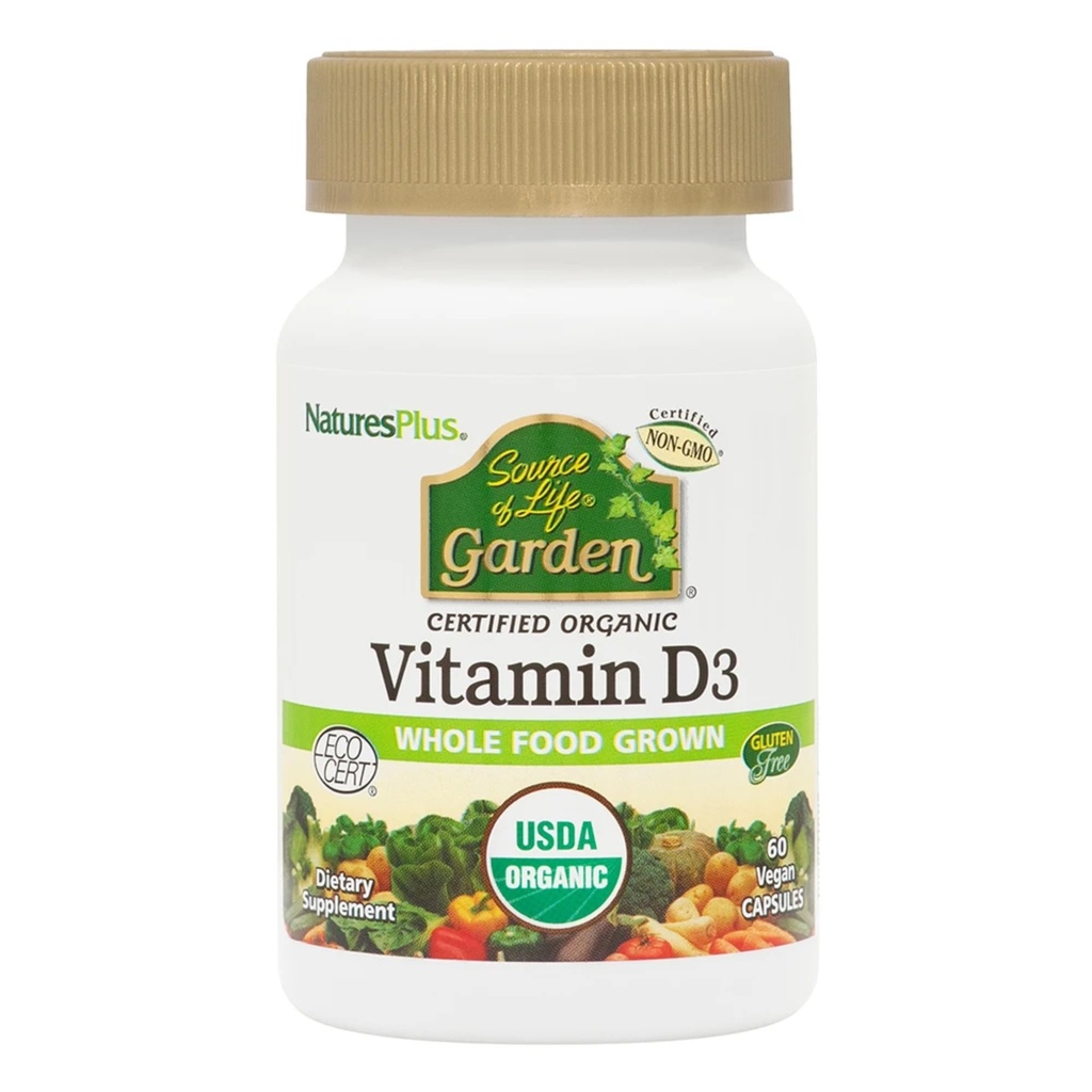 Natures Plus Source of Life Garden Certified Organic ויטמין D3 - Cholecalciferol 5000 iu, 60 קפסולות טבעוניות - תוספי מזון שלמים מבוססי צמחי - Vegetarian, Gluten-Free - 30 משרתים