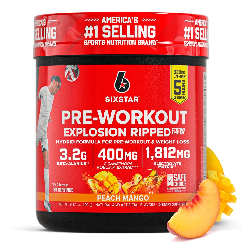 Six Star Pre-Workout Explosion, Peach מנגו (30 משרתים) - תוספת של אבקת אנרגיה עבור גברים ונשים - משקה טרום עבודה לערבב עם קריטין ואלן Betaine - מוצרי תזונה ספורט