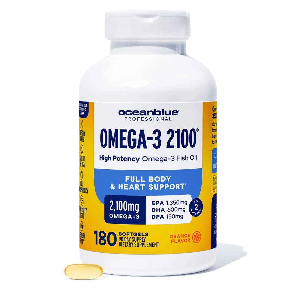 Oceanכחול Professional אומגה 3 2100 - 180 ct - תוספת שמן דגים ללא פשרות עם High-Potency EPA, DHA, DPA - Wild-Caught - Orange Flavor (90 משרתים)