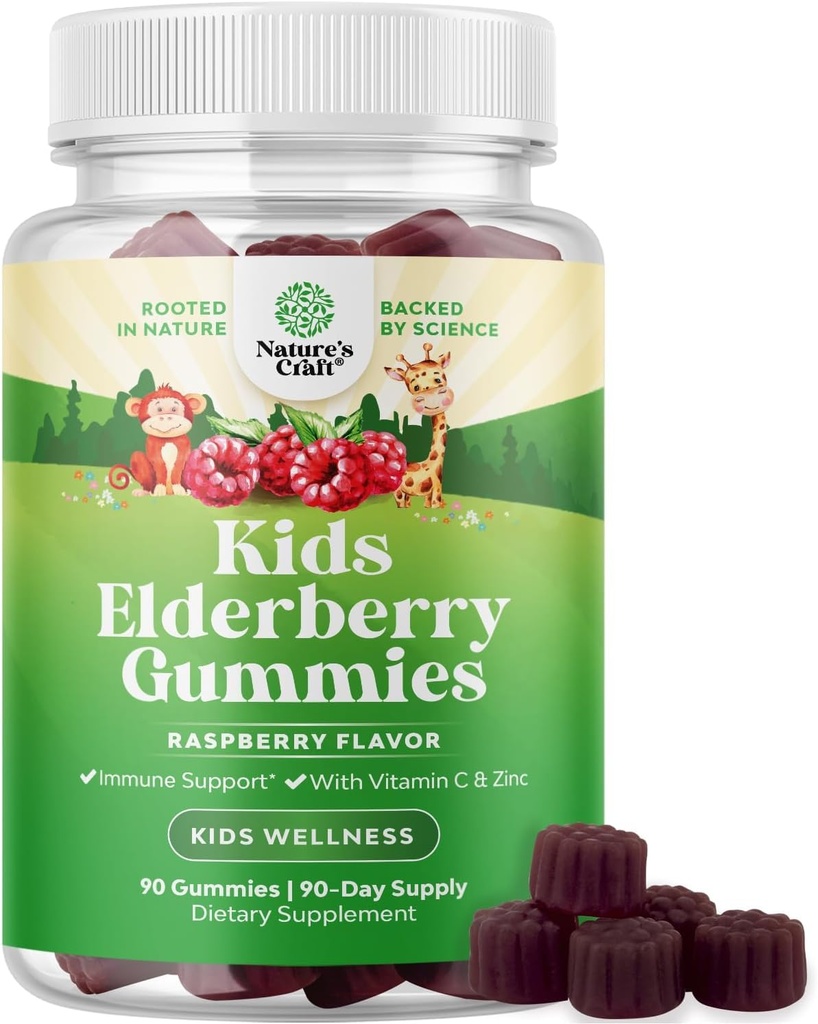 Natures Craft Sambucus Elderberry Gummies for Kids Health - מקסים Black Elderberrymies עם Zinc ו ויטמין C עבור ילדים Immune תמיכה - Gelatin ו Gluten Free Non-GMO תמיכה 90