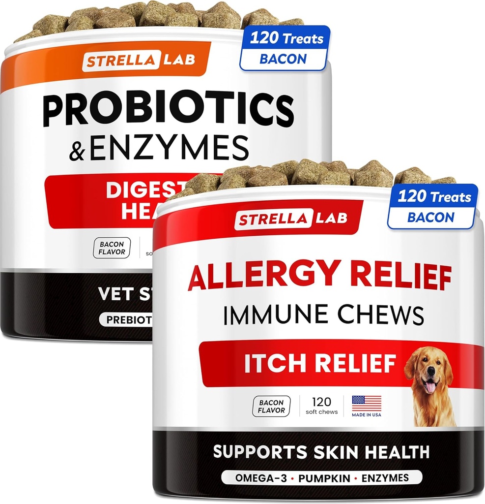 Vet Power Probiotics + Allergy הקלה לכלבים Bundle - תוספת סיבים Chewable + Itchy Skin Treatment - Digestive Enzymes + Pumpkin - Upset Stomach הקלה + Hotspot הקלה -240 ct - Made in USA