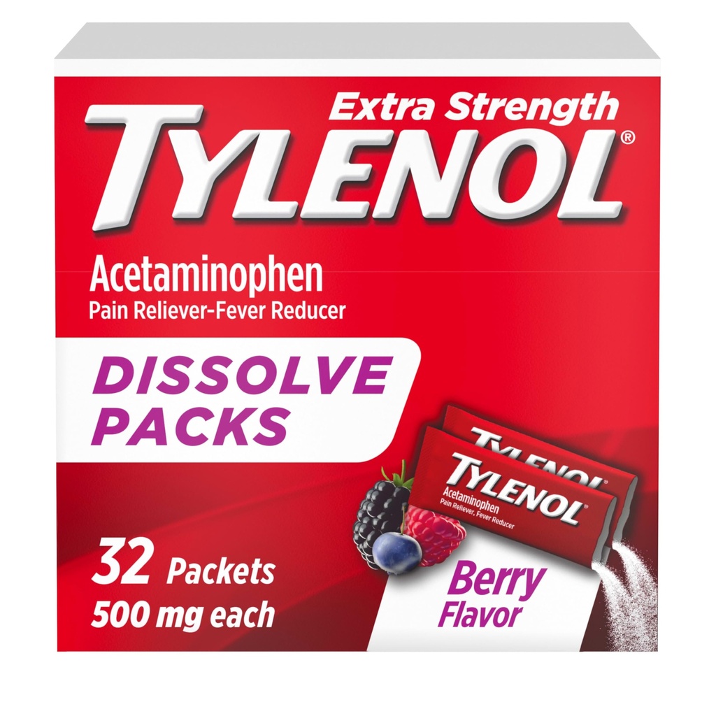 Tylenol תוספת כוח dissolve אבקה Packs, 500 מ"ג Acetaminophen כאב Reliever & Fever להפחית תרופות, הקלה מהירה עבור Small Aches & Pains, Ibuprofen- & Aspirin-Free, On-the-Go בריפלאמור, 32 Ct