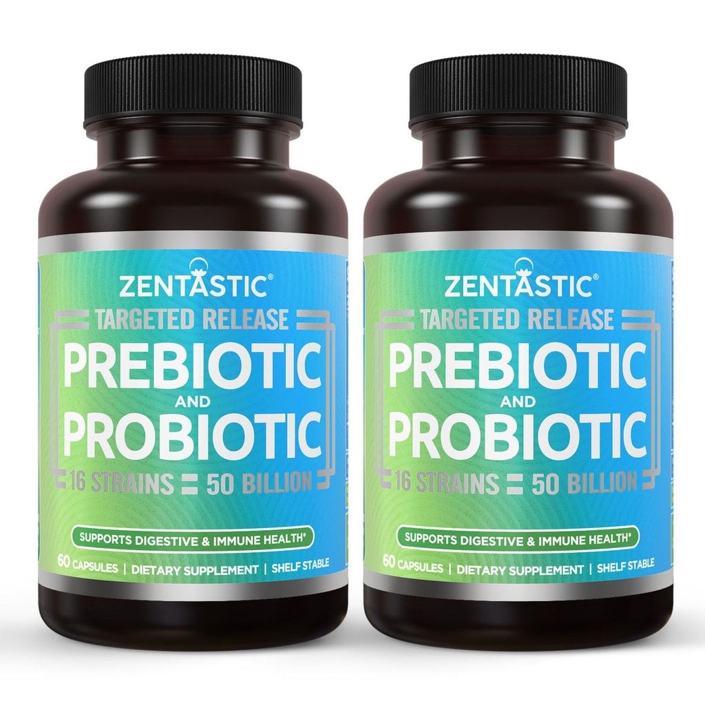 Zentastic Probiotics & Prebiotics תוסף - 50 מיליארד CFU - עבור בריאות Immune & נשים - 16 סטרינס - Shelf Stable - 120 נדחה לשחרר Veggie קפסולות