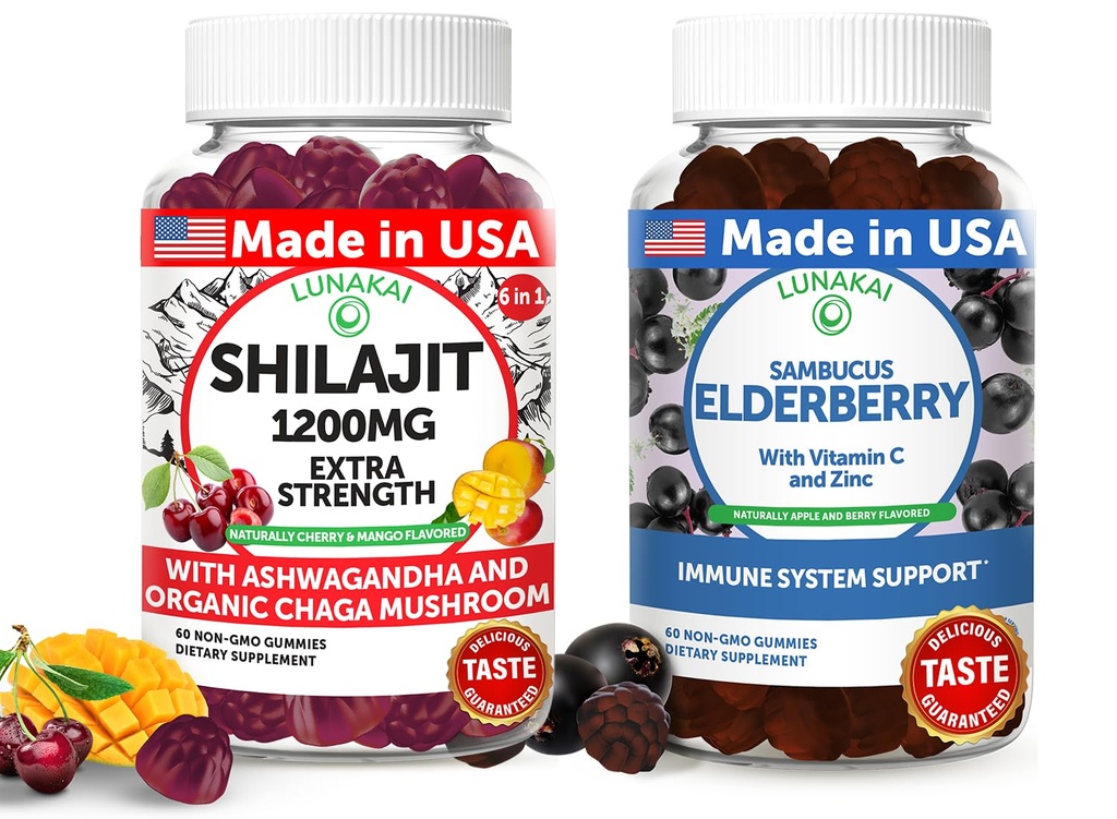 לונהקאי ארה"ב עשתה Shilajit & Elderberry Gummies Bundle - אנרגיה ותמיכה Immune - non-GMO & Delicious