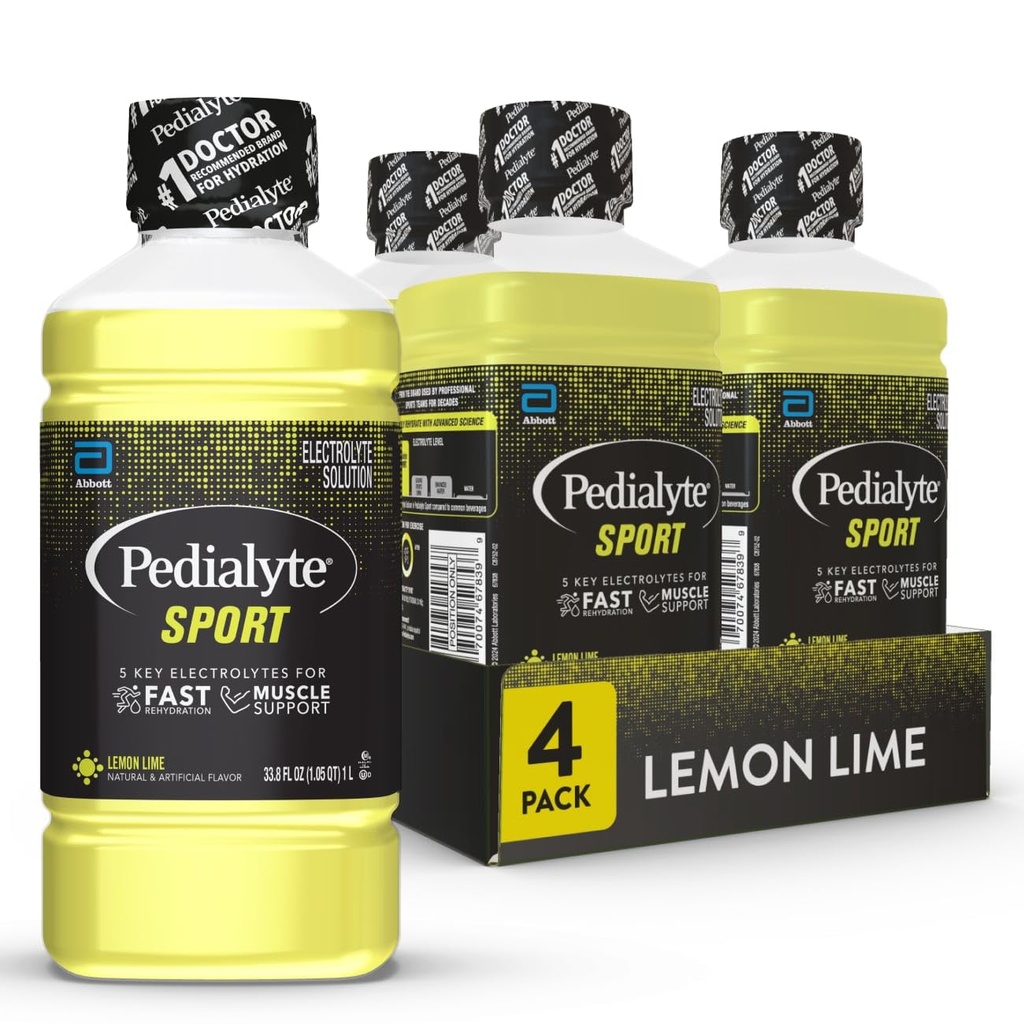 Pedialyte Sport Electrolyte Drink, הידרציה מהירה עם 5 אלקטרוליטים מרכזיים לתמיכה שרירים לפני, במהלך ואחרי אימון, לימון Lime, 1 Liter, Pack של 4