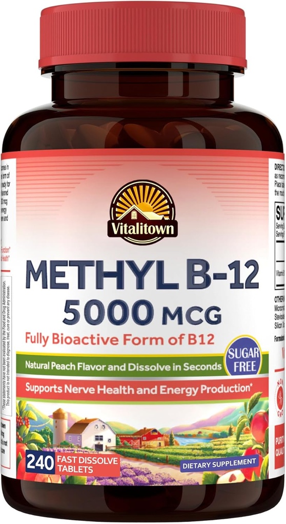 Vitalitown ויטמין B12 (Methyl B12 5000 mcg, Fully Bioactive Form, Support Energy Production, Natural Peach Flavor, Zero Sugar, 240 טבליות מלוטשות במהירות