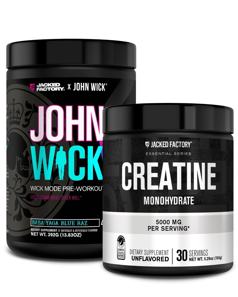 Jacked Factory X John Wick - Wick Mode Pre Workout אבקת (Baba Yaga Blue Raz, 40 משרתים) & Creatine Monohydrate אבקת (Unflavored, 30 משרתים)