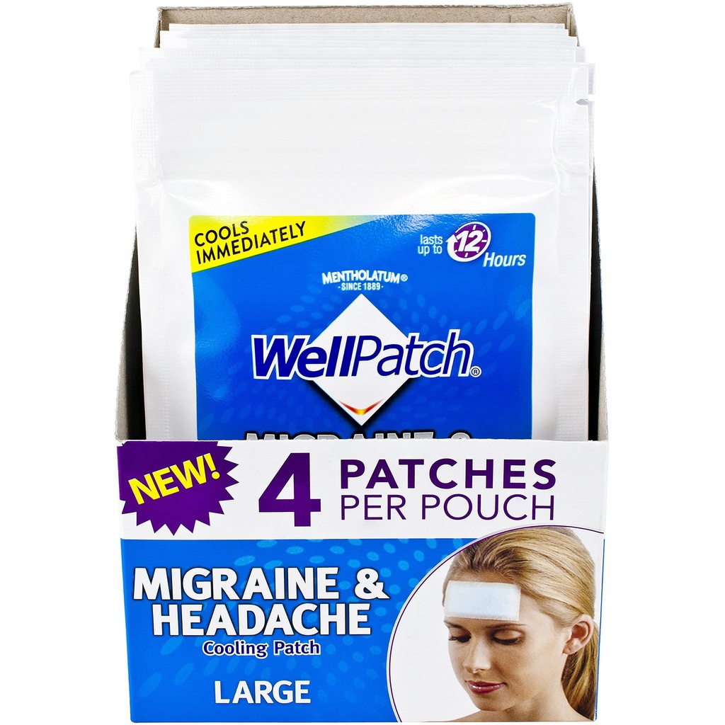 Wellpatch Migraine & Headache Cooling Patch - סמים חינם, נמשך עד 12 שעות, בטוח לשימוש עם תרופות - פאצ'ים גדולים (4 חבילות של 4 פטס), כל 4.3 x 2 ב - 12 שעות, בבטחה לשימוש עם תרופות - משככי כאבים גדולים (4 Packs של 4 Patches)