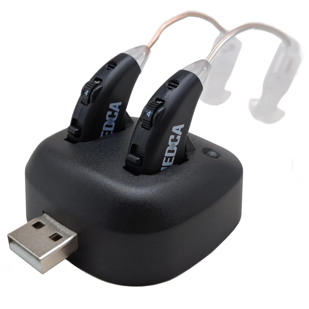 הודעות שמיעה דיגיטליות - Rechargeable Premium BTE Personal Sound Amplifier Pair עם USB Dock, מאחורי מכשיר שיפור שמיעה האוזן עם חיי סוללה ארוכים, Black Black Black Sound Amplifier