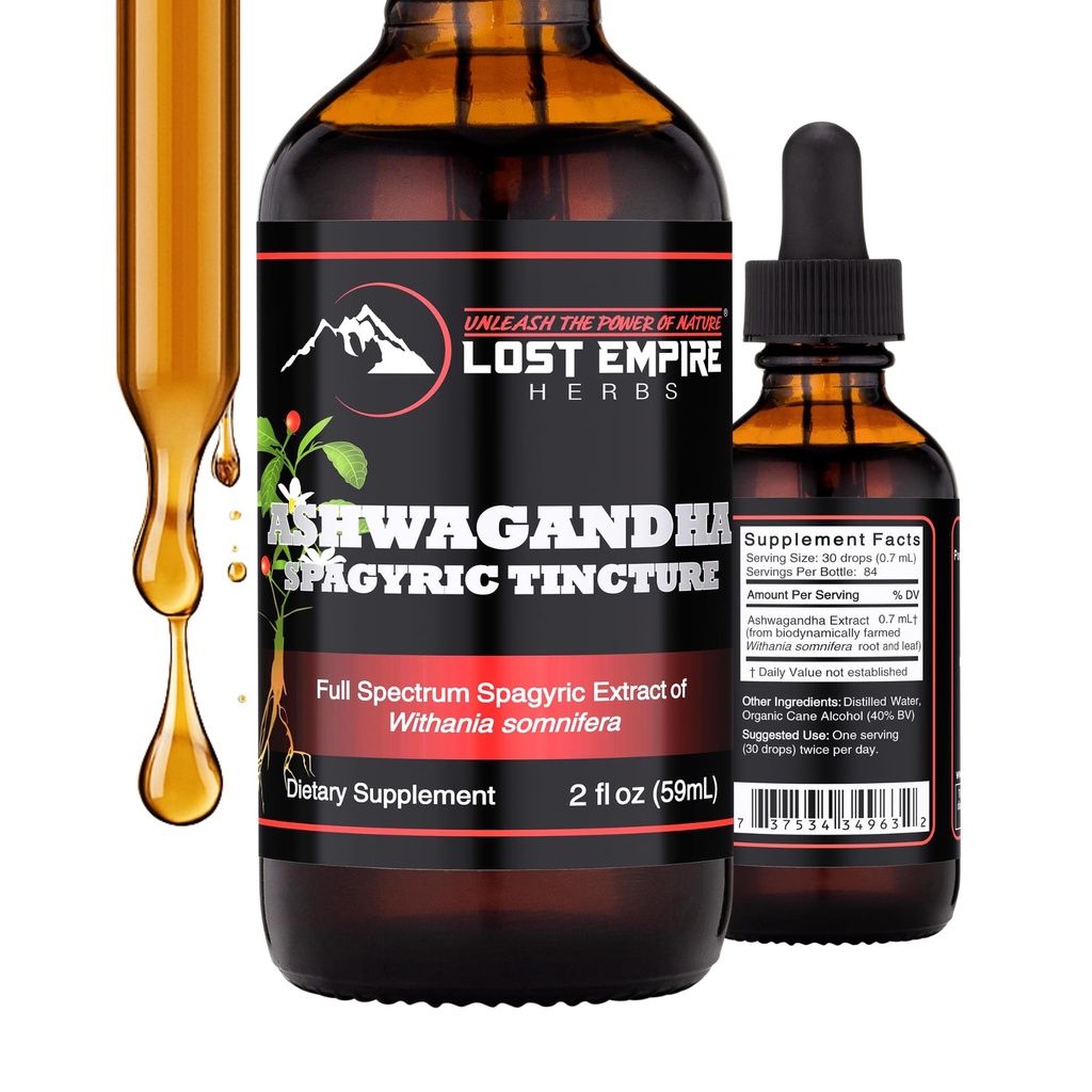 האימפריה האבודה Herbs Ashwagandha Spagyric Tincture - נוזל טיפות תמצית שורש לגברים, נשים, שינה, Cortisol - הטוב ביותר Ashwagandha תוסף USA Grown אורגני (2 fl oz)