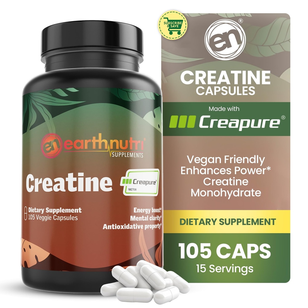EarthNutri Creatine Monohydrate קפסולות - Micronized for Better Absorption - תומך בחוזק שרירים, כוח ושיקום - 105 קפסולות (5000 מ"ג לשרת, 7 קפסולות)