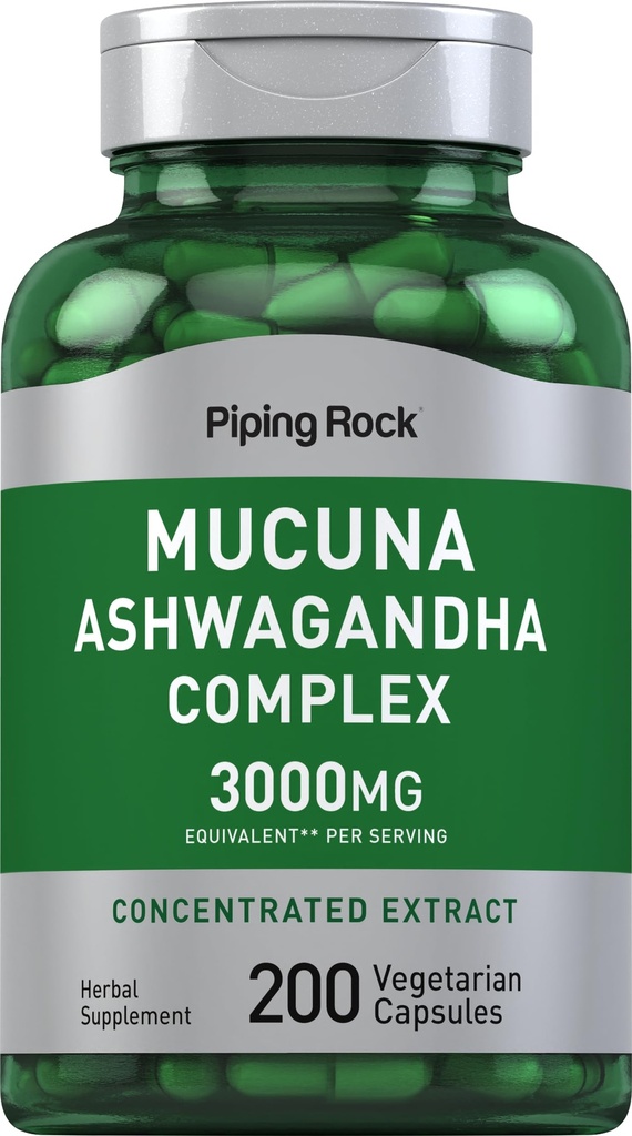 Piping Rock Mucuna Ashwagandha 3000 מ"ג | 200 קפסולות | תוספי מזון מורכבים לנשים וגברים | Vegetarian, non-GMO, Gluten Freeten