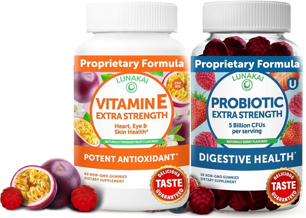 לונוקאי ויטמין E ו- Probiotics Bundle - 3000 mcgmies עבור מבוגרים אנרגיה תמיכה - עם 5 מיליארד CFUs Per לשרת לבריאות העיכול - non-GMO, כל טבעי