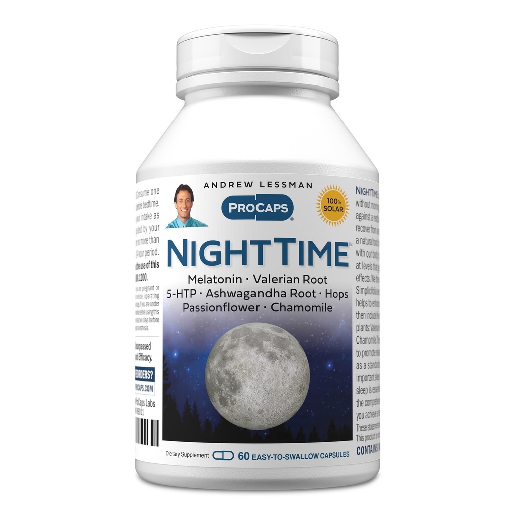 AndREW LESSMAN Night 60 קפסולות - 3 מ"ג מלטונין, ולריאן, Ashwagandha, Passionflower, Hops, Chamomile. שום בוקר לא גובר. תמיכה טבעית, שינה שקטה. Easy to Swallow קפסולות