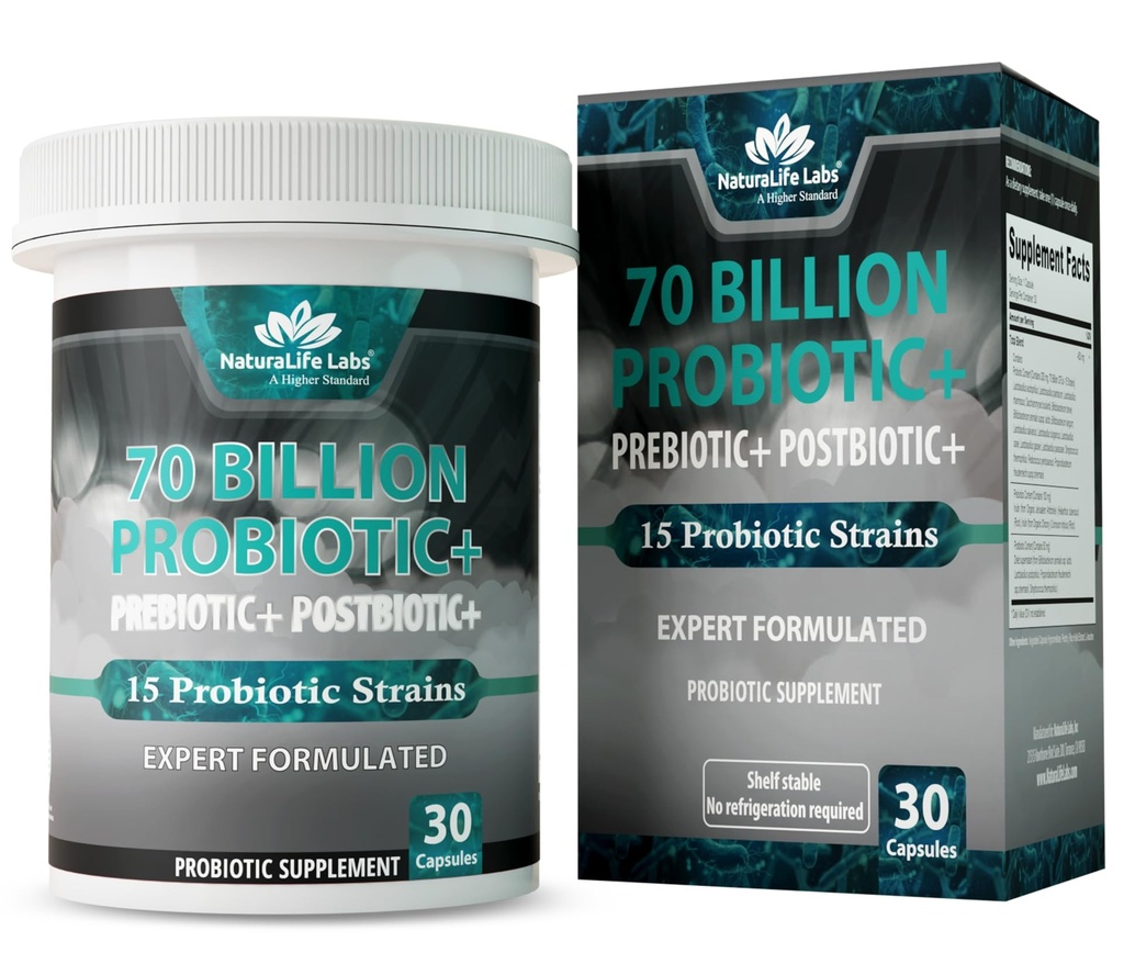 NaturaLife Labs Probiotics 70 מיליארד CFU - 15 סטרינס עם אורגני Prebiotic & Postbiotic - 3-in-1 פורמולה - 30 קפסולות טבעוניות