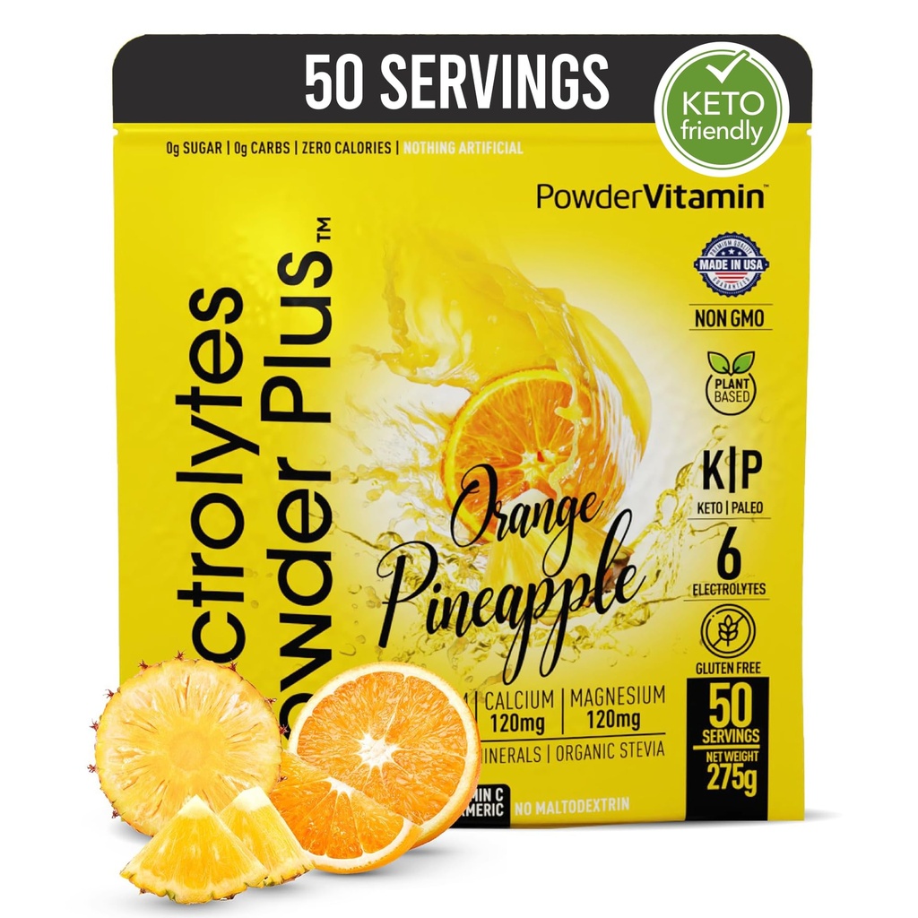אבקת אלקטרוליטים פלוס (50 משרתים), 0 Calorie Keto, 0 סוכר, No Maltodextrin, 1000mg Potassium, 120 מ"ג Calcium, 120 מ"ג מגנזיום, אבקת לחות (50 משרתים, כתום Pineapple)