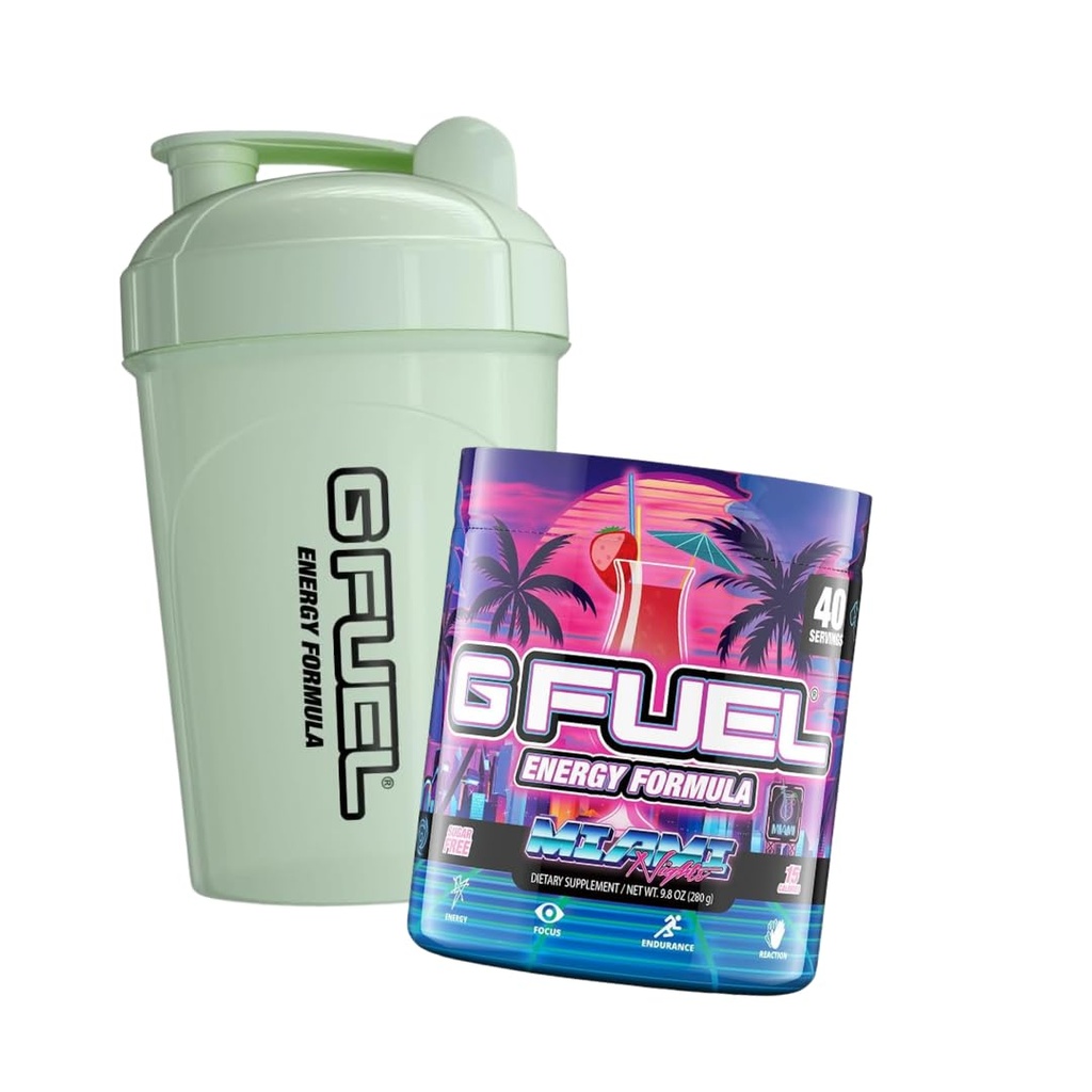 G Fuel Miami Nights Strawberry Pina Colada Flavored Game + G דלק Glow-In- The-Dark Shaker