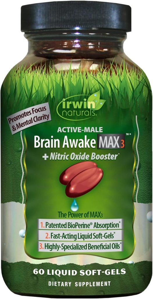 Irwin Naturals המוח מתעורר מקס3 + Nitric Oxide Booster 60 נוזל Softgel