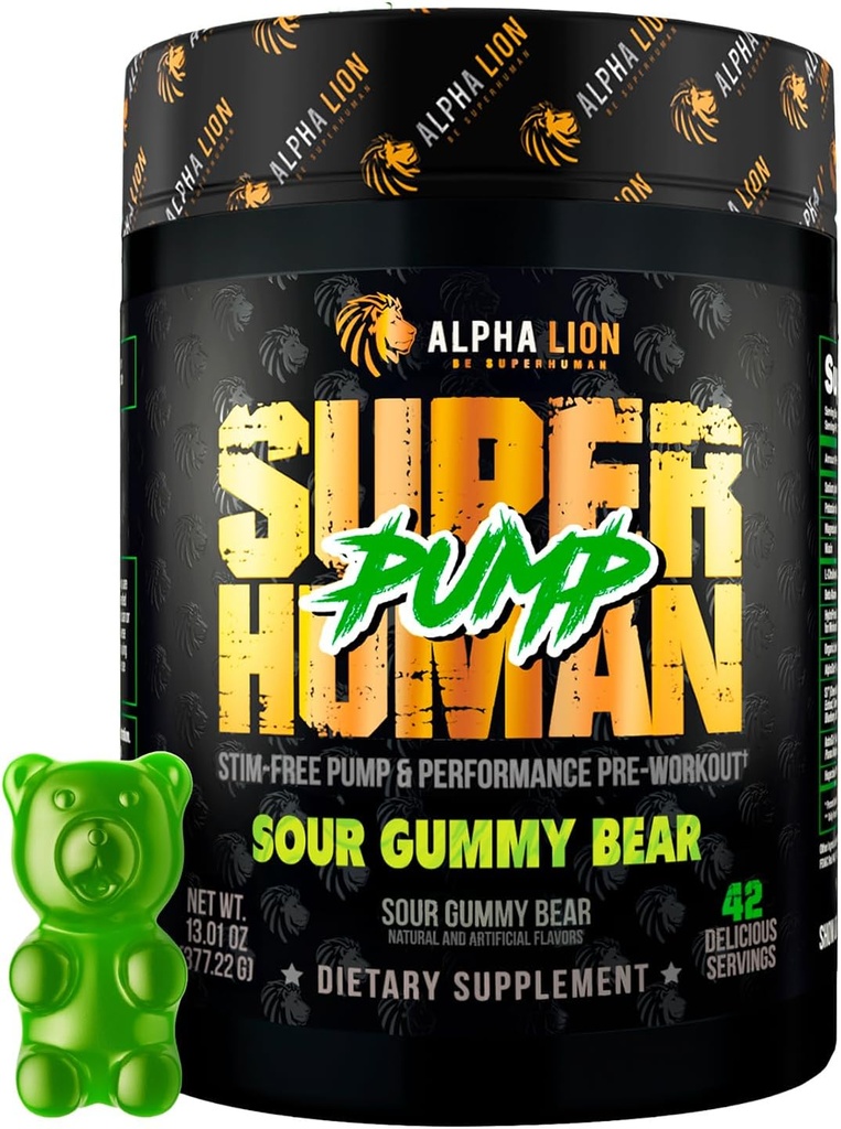 ALPHA LION Superhuman Pump טרום Workout אבקה, Nootropic Caffeine & Stim Free Preworkout תוסף, Nitric Oxide Booster, שריר מקבלר, אנרגיה ו Focus (42 משרתים, Sour Gummy Bear)