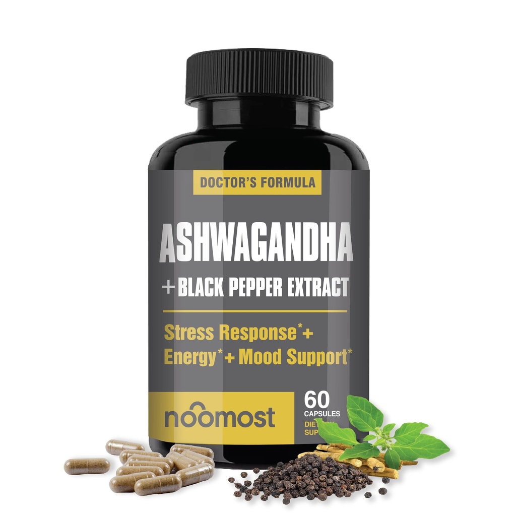 Noo Most Organic Ashwagandha 400 מ"ג קפסולות w / Black Pepper לחלץ כמו טבעוני Ashwagandha תוספי סיוע נגד מתח, תמיכה טבעית Mood, אנרגיה & Focus 60s