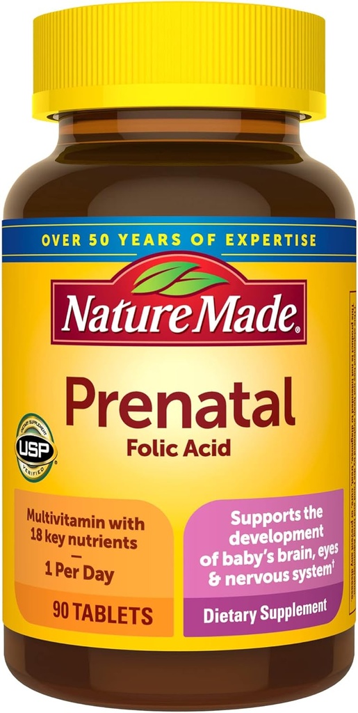 הטבע עשה Prenatal Multivitamin עם Folic Acid, ויטמין טרום לידתי ומינרל תוספת לתמיכה יומיומית תזונתית, 90 טבליות, 90 יום אספקה