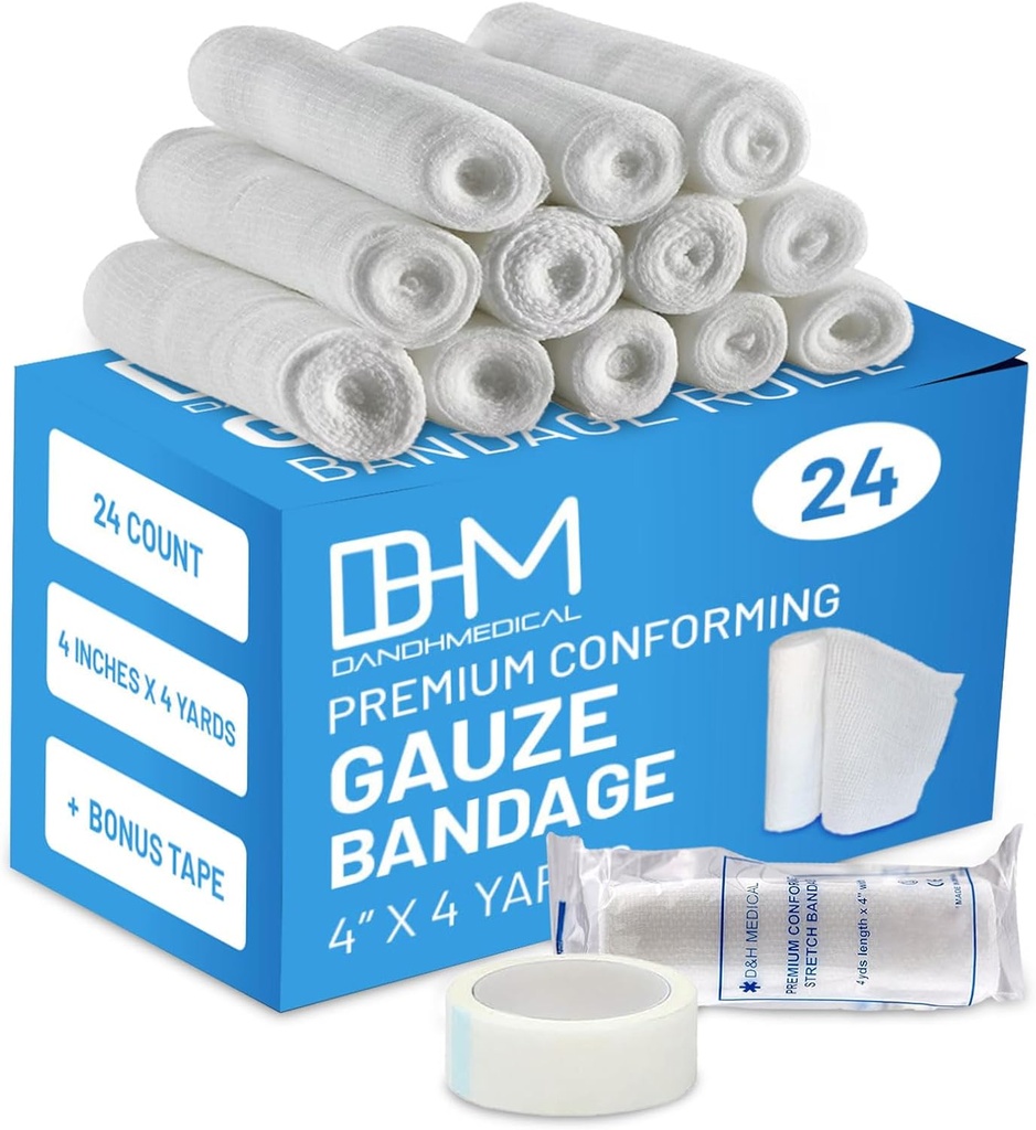 D&H Medical Pack של 24 Gauze Bandage Roll 4 Inches x 4 Yards - רפואי Gauze Wrap for Wounds Care - Easy to Use Cotton Gauze Rolls for Hand Wraping Ankles & Knees