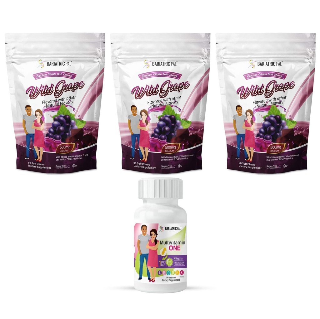 BariatricPal 90-Day Bariatric ויטמין Bundle (Multivitamin One 1 ליום! קפסולה עם 45 מ"ג ברזל ו Calcium Citrate Soft Chews 500 מ"ג עם Probiotics - Wild Grape)