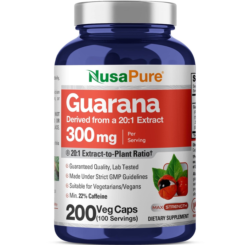 NusaPure Guarana לחלץ 20:1, 300 מ"ג שווה ל 6000 מ"ג עבור Veggie Caps 200 Count (Non-GMO, טבעוני)