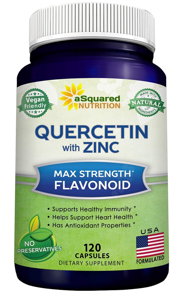 ASquared Nutrition Quercetin 1000 מ"ג עם תוסף Znc - 120 קפסולות - Quercetin Dihydrate עם Black Elderberry & Zinc - Max Power אבקת גלולות כדי לעזור לשפר את התגובה של Immune