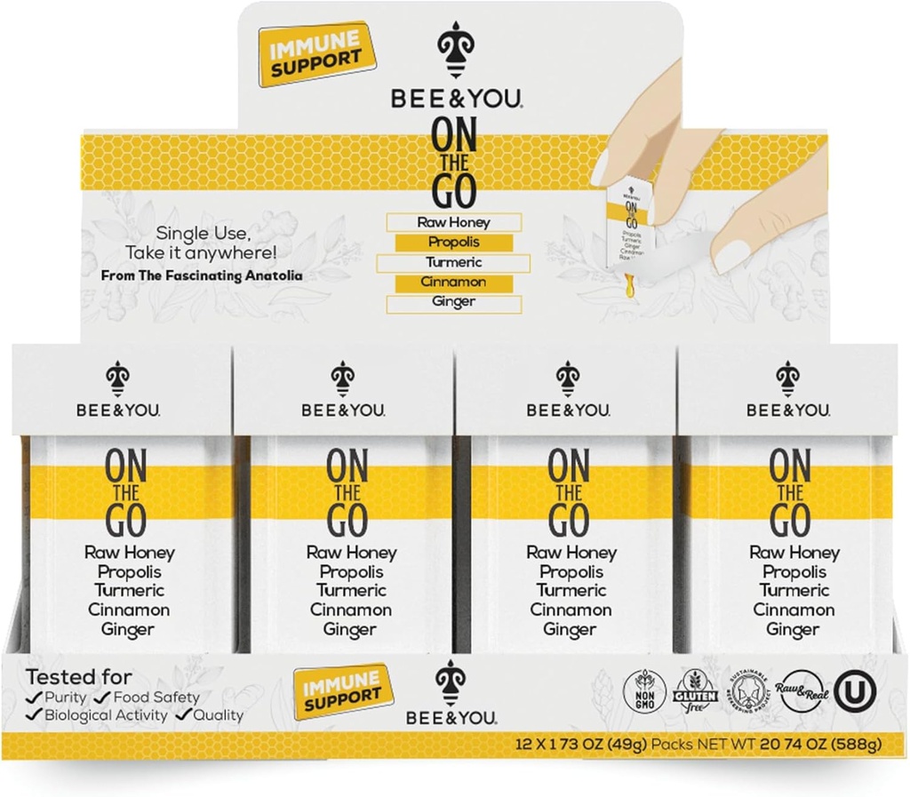 הדבורים ו- You On The Go, Immune Support Supplement, Raw Honey, Propolis, Turmeric, Cinnamon, ג'ינג'ר, Superfrood, Great Tasting, for Kids and Adults, 12 Pack, 1.73 oz כל אחד