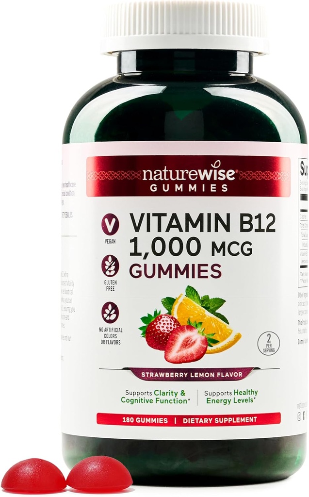 NatureWise ויטמין B12 חניכיים למבוגרים, 1000 mcg - Strawberry לימון פלפור - תמיכה יומית אנרגיה, בהירות נפשית, תפקוד קוגניטיבי - טבעוני, Gluten-Free, non-GMO - Count[3-Month Supply]