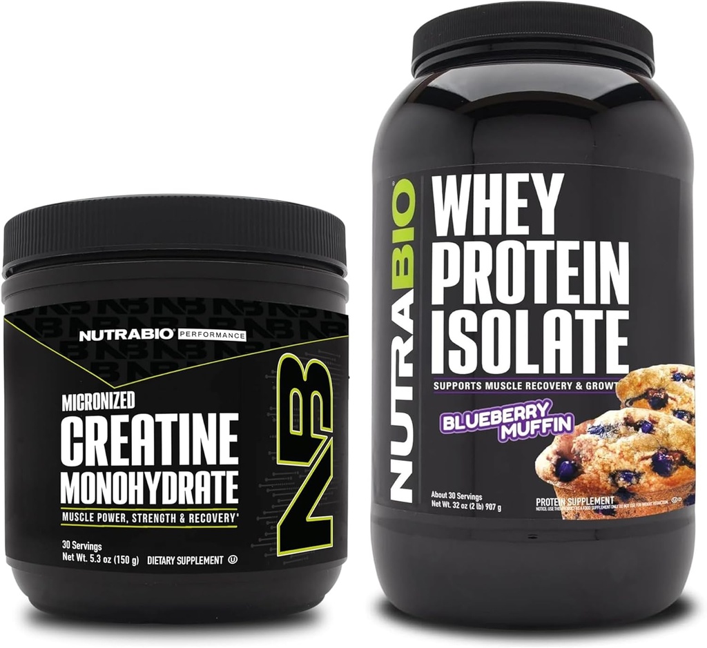 NutraBio Creatine Monohydrate, Unflavored, 150g ו Whey חלבונים Isolate, Blueberry Muffin, תוסף Bundle - שריר אנרגיה, Lean Growth, התאוששות וכוח