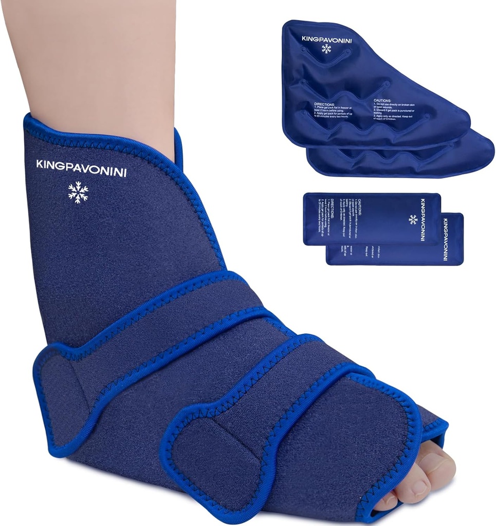 KingPavonini Ankle Foot Ice Pack Wrap for Sproved Ankle and Surgery Recovery, Reusable Gel Ice Packs for Feet Injuries, Plantar Fasciitis, Achilles Tendonitis, Hot/Cold Therapy (1 Wrap +4 Gels)