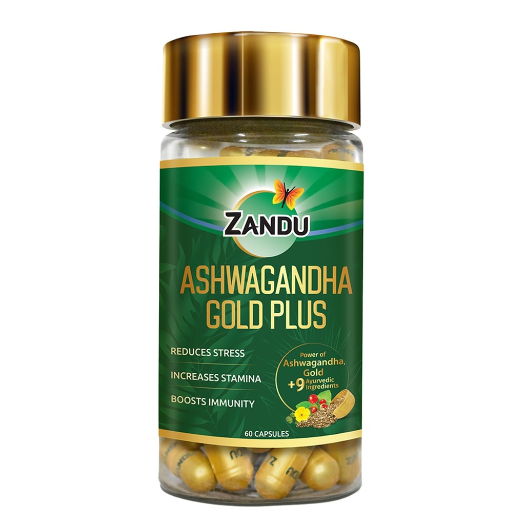 Zandu Ashwagandha Gold Plus, Made with Gold, Ashwagandha, Safed Musli, Shilajit & Another Ayurvedic Ingredients, Helps to Boost Sta, Powerens Immunity, 60 Caps Caps Caps