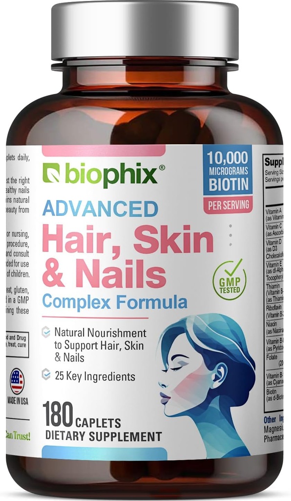 biophix שיער עור וציפורים מורכבות 180 קפסולות עם 10,000 mcg Biotin - Multivitamin תומך ריחות יפים שיער בריא הזדקנות