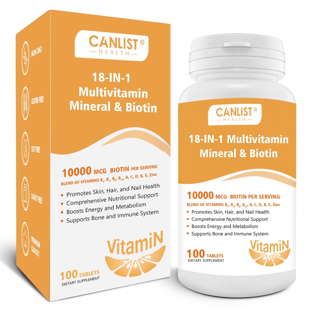 CANLIST Hair Skin and Nails Multi-Vitamin for Men & Women, 10000mcg Biotin & Multimineral, Contains B-Vitamins, Vitamins C, E & D3, Trace Minerals, Zinc, Gluten-Free, Dairy-Free, Soy-Free, 100 Tablets