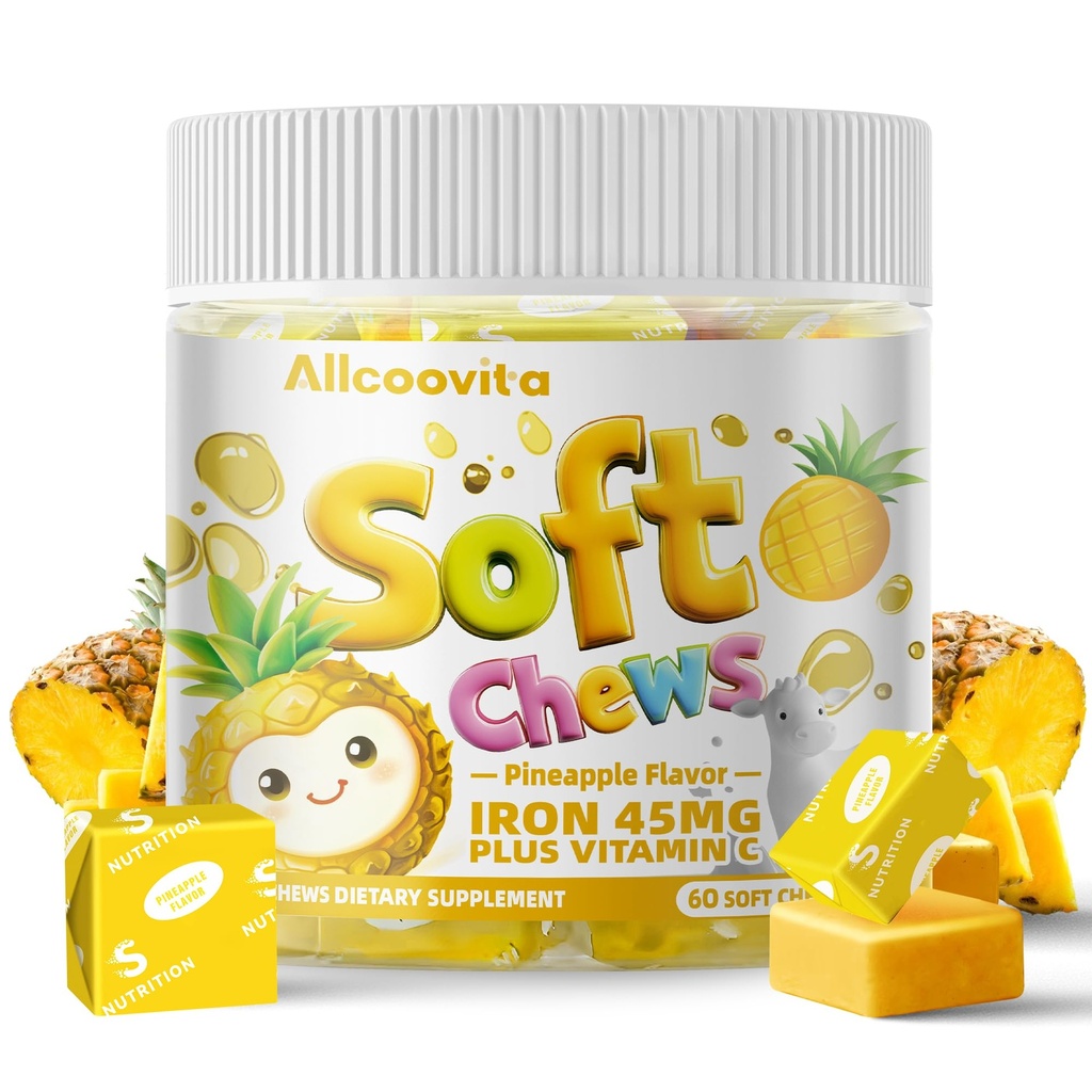 Iron Soft Chews תוסף עם ויטמין C | Pineapple Flavored | Gluten Free | תוספת ברזל לנשים וילדים | 60 Count | 2 חודשים אספקה