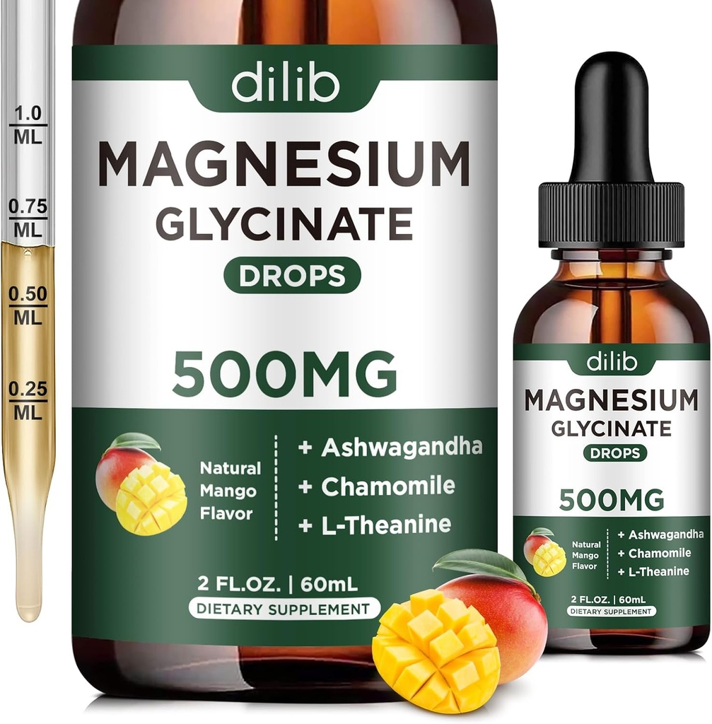 Magnesium Glycinate תוסף, Magnesium נוזל טיפות עם Magnesium Glycinate 500 מ"ג Ashwagandha, L - Theanine, Chamomile - Support Stress Relief, העצם, השרירים, Mood טבעי מנגו טבעי פלאמור