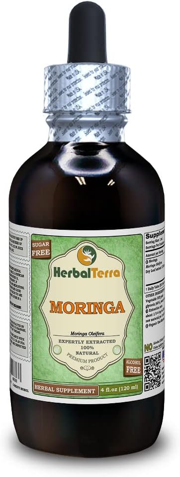 Moringa (Moringa Oleifera) Glycerite, Organic Dried Leaf Powder Alcohol-Free Liquid Extract (Brand Name: HerbalTerra, Proudly Made in USA) 4 fl.oz (120 ml)