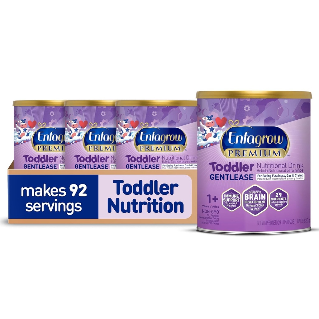 Enfagrow PreMIUM Gentlease Toddler Nutritional Drink, Made with Real Milk, תוכנן כדי Ease Fusssiness, Gas & Crying, חומרים מזינים לתמיכה בצמיחה ומזל, אבקה יכולה, 29.1 Oz (Pack of 4)