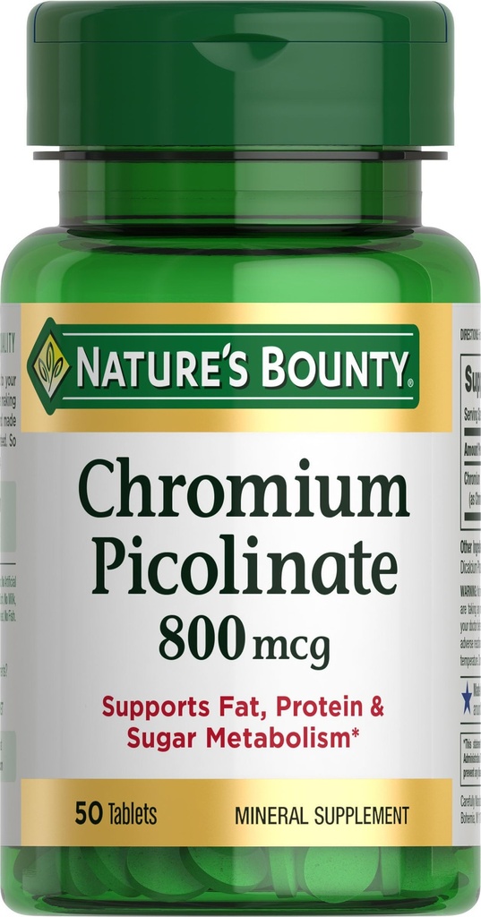 Nature's Bounty Chromium Picolinate, תומך בשומן, חלבונים וסוכר מטאבוליזם, תוסף מינרלים, 800 mcg, 50 טבליות