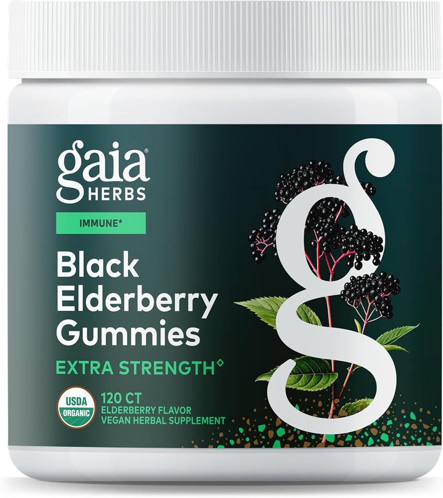 גאיה Herbs Black Elderberry (Sambucus nigra) תוספת מסטיקנים - תוספת תמיכה טעים Immune * - Made with Certified Organic Black Elderberries for Immune System Support