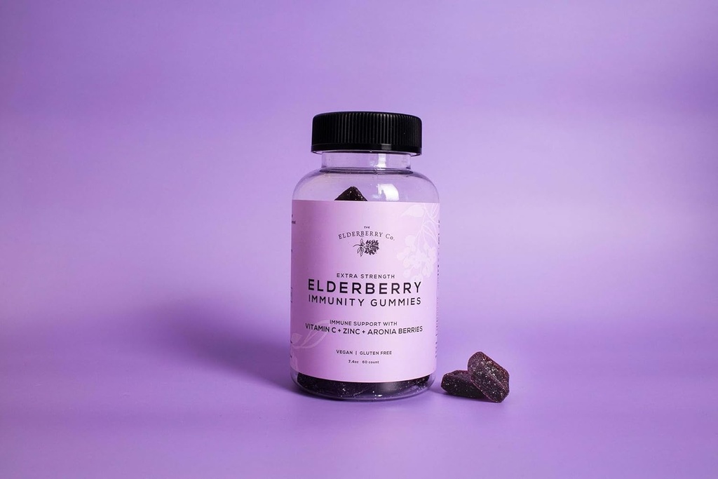 The Elderberry Co. Extra Strength Elderberry Gummies + Aronia Berries עם ויטמין C, D,E ו- Zinc for All-Natural Immune Support, no artificial Ingredients ( Count 60)